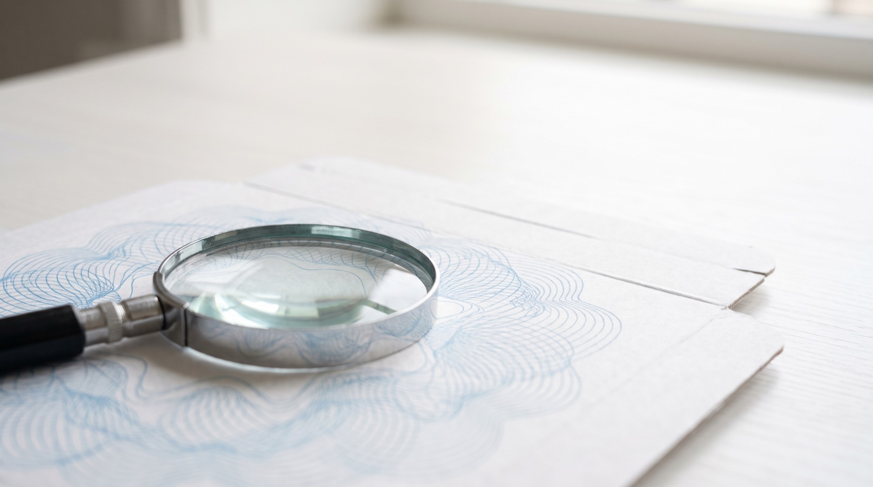 A magnifying loupe resting on a white carton flap printed with fine blue line patterns
